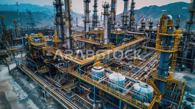  مصفاة نفط كبيرة مزوّدة بآلات معقدة في منظر صحراوي شاسع وجبال بعيدة، هندسات ومعدات صناعية، مصنع تكرير النفط والغاز في المنطقة الصناعية، مصانع ومعامل في المملكة العربية السعودية، مستودعات ضخمة و كبيرة، خطوط الأنابيب والكابلات الفولاذية، صناعات ومشاريع بيتروكيماوية