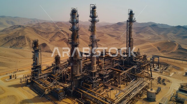 هندسات ومعدات صناعية، مصانع ومعامل في المملكة العربية السعودية، مصفاة نفط كبيرة مزوّدة بآلات معقدة في منظر صحراوي شاسع وجبال بعيدة، صناعات ومشاريع بيتروكيماوية، مصنع تكرير النفط والغاز في المنطقة الصناعية، مستودعات ضخمة و كبيرة، مصانع ومعامل في المملكة العربية السعودية