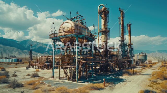 خطوط الأنابيب والكابلات الفولاذية، مصفاة نفط كبيرة مزوّدة بآلات معقدة في منظر صحراوي شاسع وجبال بعيدة، هندسات ومعدات صناعية، صناعات ومشاريع بيتروكيماوية، مصانع ومعامل في المملكة العربية السعودية، مصنع تكرير النفط والغاز في المنطقة الصناعية، مستودعات ضخمة و كبيرة