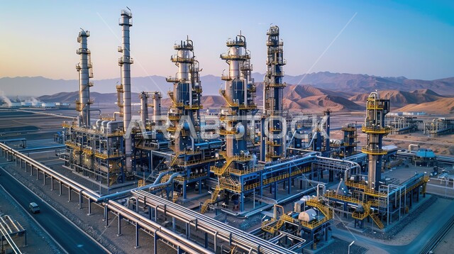 هندسات ومعدات صناعية، خطوط الأنابيب والكابلات الفولاذية، مصانع ومعامل في المملكة العربية السعودية، صناعات ومشاريع بيتروكيماوية، مستودعات ضخمة و كبيرة، مصنع تكرير النفط والغاز في المنطقة الصناعية، مصفاة نفط كبيرة مزوّدة بآلات معقدة في منظر صحراوي شاسع وجبال بعيدة