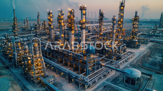 صناعات ومشاريع بيتروكيماوية، مصنع تكرير النفط والغاز في المنطقة الصناعية، مصفاة نفط كبيرة مزوّدة بآلات معقدة في منظر صحراوي شاسع وجبال بعيدة، مصانع ومعامل في المملكة العربية السعودية، مستودعات ضخمة و كبيرة، هندسات ومعدات صناعية، خطوط الأنابيب والكابلات الفولاذية