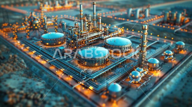 صناعات ومشاريع بيتروكيماوية، هندسات ومعدات صناعية، مصنع تكرير النفط والغاز في المنطقة الصناعية، مصفاة نفط كبيرة مزوّدة بآلات معقدة في منظر صحراوي شاسع وجبال بعيدة، مستودعات ضخمة و كبيرة، مصانع ومعامل في المملكة العربية السعودية، خطوط الأنابيب والكابلات الفولاذية