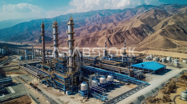 خطوط الأنابيب والكابلات الفولاذية، مصانع ومعامل في المملكة العربية السعودية، مستودعات ضخمة و كبيرة، مصفاة نفط كبيرة مزوّدة بآلات معقدة في منظر صحراوي شاسع وجبال بعيدة، هندسات ومعدات صناعية، مصنع تكرير النفط والغاز في المنطقة الصناعية، صناعات ومشاريع بيتروكيماوية
