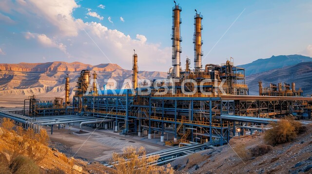 صناعات ومشاريع بيتروكيماوية، مستودعات ضخمة و كبيرة، مصفاة نفط كبيرة مزوّدة بآلات معقدة في منظر صحراوي شاسع وجبال بعيدة، خطوط الأنابيب والكابلات الفولاذية، هندسات ومعدات صناعية، مصنع تكرير النفط والغاز في المنطقة الصناعية، مصانع ومعامل في المملكة العربية السعودية