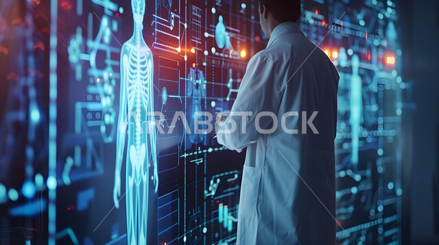 The use of technology and technology in health research, development and progress in the future medical field in the Kingdom of Saudi Arabia, a Saudi Gulf Arab doctor wearing a white coat standing in a medical room equipped with digital tools and screens for diagnosis and medical treatment