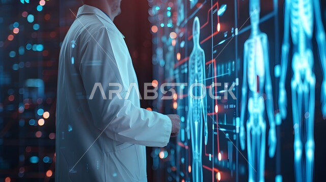 التطور والتقدم في المجال الطبي المستقبلي في المملكة العربية السعودية، استخدام التقنية والتكنولوجيا في البحث الصحي,  طبيب عربي خليجي سعودي يرتدي المعطف الأبيض يقف في غرفة طبية مجهزة بالأدوات والشاشات الرقمية للتشخيص والعلاج الطبي
