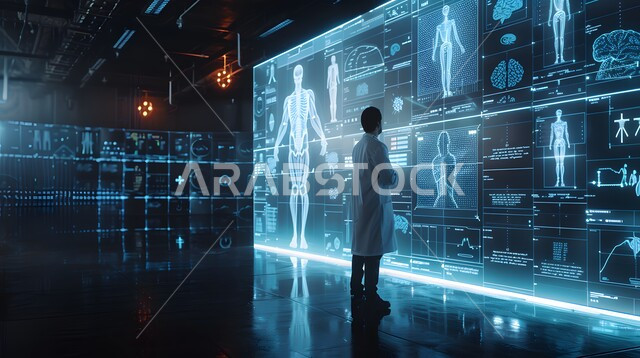 استخدام التقنية والتكنولوجيا في البحث الصحي,  طبيب عربي خليجي سعودي يرتدي المعطف الأبيض يقف في غرفة طبية مجهزة بالأدوات والشاشات الرقمية للتشخيص والعلاج الطبي، التطور والتقدم في المجال الطبي المستقبلي في المملكة العربية السعودية