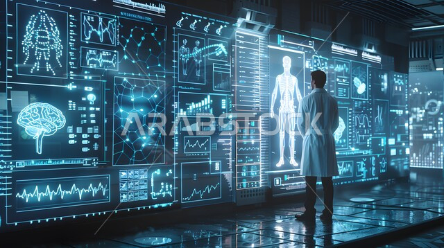 The use of technology and technique in health research, development and progress in the future medical field in the Kingdom of Saudi Arabia, a Saudi Gulf Arab doctor wearing a white coat standing in a medical room equipped with digital tools and screens for diagnosis and medical treatment