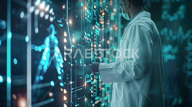 التطور والتقدم في المجال الطبي المستقبلي في المملكة العربية السعودية, طبيب عربي خليجي سعودي يرتدي المعطف الأبيض يقف في غرفة طبية مجهزة بالأدوات والشاشات الرقمية للتشخيص والعلاج الطبي ، استخدام التقنية والتكنولوجيا في البحث الصحي