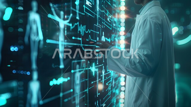 غرفة طبية مجهزة بالأدوات والشاشات الرقمية للتشخيص والعلاج الطبي ، استخدام التقنية والتكنولوجيا في البحث الصحي, التطور والتقدم في المجال الطبي المستقبلي في المملكة العربية السعودية, طبيب عربي خليجي سعودي يرتدي المعطف الأبيض 