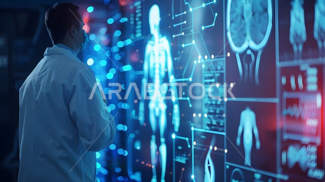 استخدام التقنية والتكنولوجيا في البحث الصحي, شاشة مضيئة تحمل رسومات تشريح جسم الانسان،  التطور والتقدم في المجال الطبي المستقبلي في المملكة العربية السعودية, طبيب عربي خليجي سعودي يرتدي المعطف الأبيض يقف في غرفة طبية مجهزة بالأدوات والشاشات الرقمية للتشخيص والعلاج الطبي