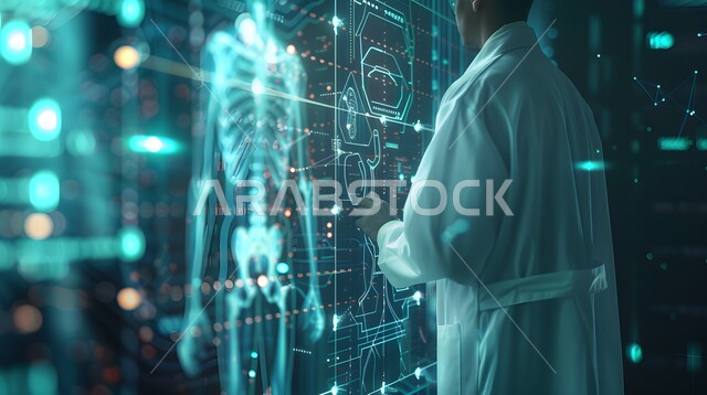 The use of technology and technology in health research, development and progress in the future medical field in the Kingdom of Saudi Arabia, a Saudi Gulf Arab doctor wearing a white coat standing in a medical room equipped with digital tools and screens for diagnosis and medical treatment