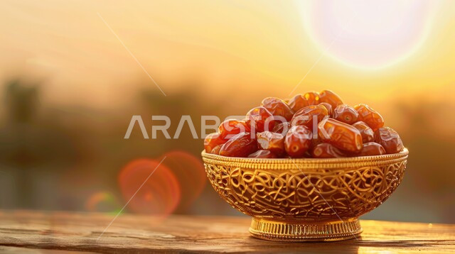 طبق معدني مزخرف من التمر الصحي، تمر دقلة نور، وجبة ذات قيمة غذائية عالية، ضيافة رمضانية شهية، التمور الصحية المتميزة ، خلفية ضبابية