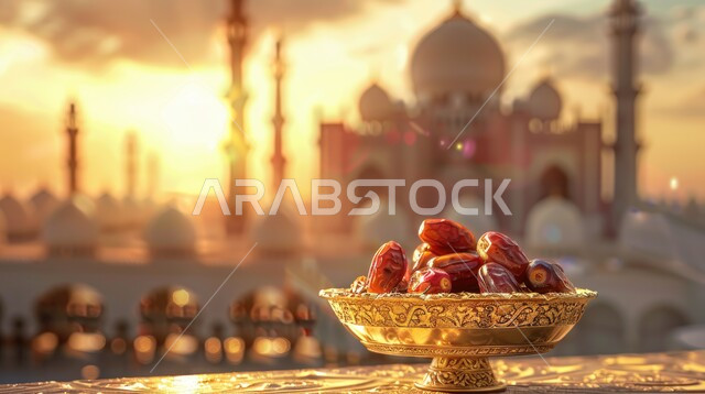 A decorative metal plate of healthy dates, Deglet Nour dates, a meal with high nutritional value, delicious Ramadan hospitality, distinguished healthy dates, background of the domes and minarets of mosques