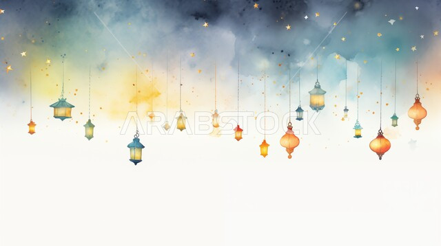 الاحتفال بقدوم شهر الخير, أجواء إسلامية ورمضانية، ديكورات و زينة الشهر الفضيل، الفوانيس المضيئة المعدنية المعلقة، مصابيح عربية تقليدية, خلفية بيضاء و زرقاء مع النجوم