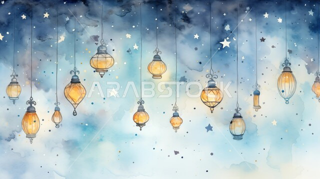 الفوانيس المضيئة المعلقة المعدنية, أجواء إسلامية ورمضانية ، ديكورات و زينة الشهر الفضيل، أضواء عربية تقليدية، الاحتفال بقدوم شهر الخير, خلفية زرقاء و بيضاء مع النجوم