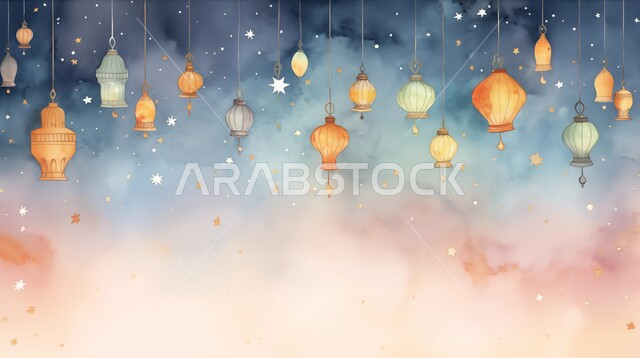 ديكورات و زينة الشهر الفضيل, أجواء إسلامية ورمضانية، الفوانيس المضيئة المعلقة المعدنية، مصابيح عربية تقليدية، الاحتفال بقدوم شهر الخير, خلفية بيضاء و زرقاء مع النجوم