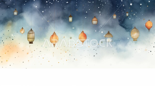 الاحتفال بالمناسبات والأعياد الدينية الإسلامية، البهجة بقدوم شهر الخير, زينة و ديكورات الشهر الفضيل, الفوانيس المضيئة المعلقة المعدنية, خلفية بيضاء و زرقاء مع النجوم