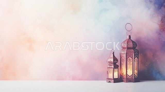 البهجة بقدوم شهر الخير, الاحتفال بالمناسبات والأعياد الدينية الإسلامية, زينة و ديكورات الشهر الفضيل, الفوانيس المضيئة المعلقة المعدنية, خلفية ملونة