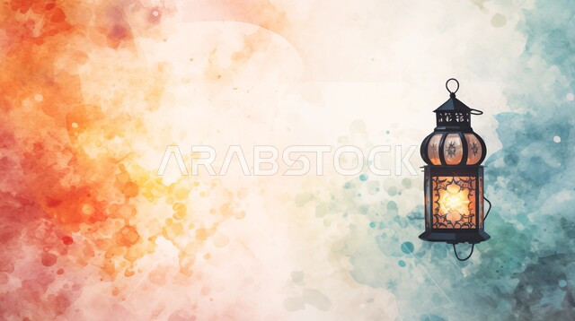 Celebrating Islamic religious occasions and holidays, traditional Arab lights, joy at the arrival of the month of goodness, decorations and accessories for the holy month, illuminated ornate metal Ramadan lantern, colorful background