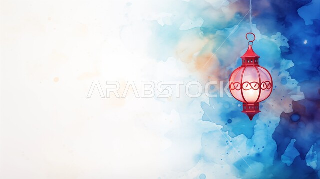 Celebrating the advent of the month of goodness, Islamic and Ramadan atmosphere, decorations and decorations for the holy month, traditional Arabic lamps, illuminated metal decorative lantern of the blessed Ramadan, colorful background.