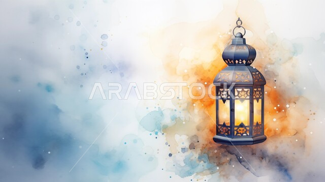 Islamic decorations, antiques and lights, preparing to welcome the month of goodness, a traditional illuminated metal decorative lantern, the spiritual atmosphere of the advent of the blessed month, celebration of holidays and religious occasions, a colorful background
