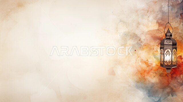 A traditional Arabic metal lantern, decorated with light, preparing to welcome the month of goodness, Islamic decorations, antiques and lights, the spiritual atmosphere of the advent of the blessed month, celebration of holidays and religious occasions, colorful background