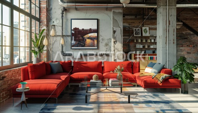 تحف واكسسوارات عصرية, التصاميم الداخلية لغرف الجلوس على الطراز الحديث باللون الأحمر، الاهتمام بنباتات الزينة الخضراء، غرفة معيشة مع أثاث منزلي فاخر، ديكور داخلي راقي للفلل والشقق السكنية في المملكة العربية السعودية