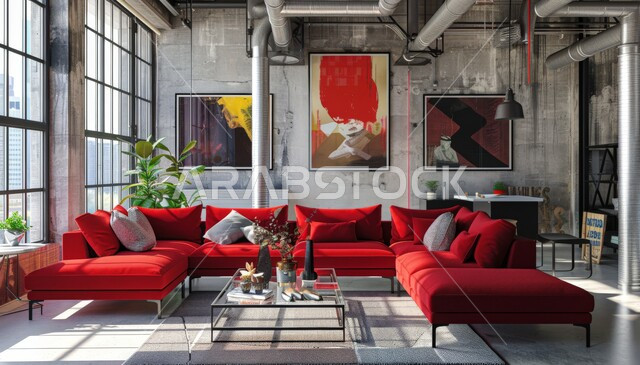 التصاميم الداخلية لغرف الجلوس على الطراز الحديث باللون الأحمر، تحف واكسسوارات عصرية, الاهتمام بنباتات الزينة الخضراء، غرفة معيشة مع أثاث منزلي فاخر، ديكور داخلي راقي للفلل والشقق السكنية في المملكة العربية السعودية