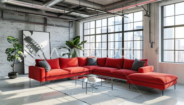 الديكورات الداخلية لغرف الجلوس على الطراز الحديث باللون الأحمر، تحف واكسسوارات عصرية, الاهتمام بنباتات الزينة الخضراء، غرفة معيشة مع أثاث منزلي فاخر، ديكور داخلي راقي للفلل والشقق السكنية في المملكة العربية السعودية