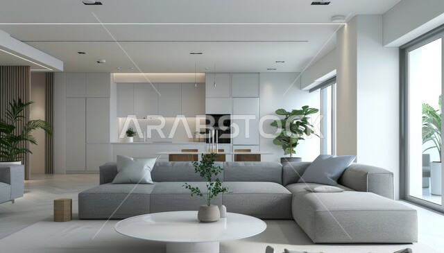 Large glass facades and windows, modern living room interior designs, living room with luxury home furniture, high-end interior design for villas and residential apartments in Saudi Arabia