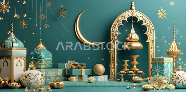 Traditional metal Arabic crescent moon and lanterns, Ramadan lighting and decorations, 3D unique artifacts, celebrating the arrival of the month of goodness, decorations and lights to celebrate the spiritual atmosphere, Islamic religious occasions and holidays