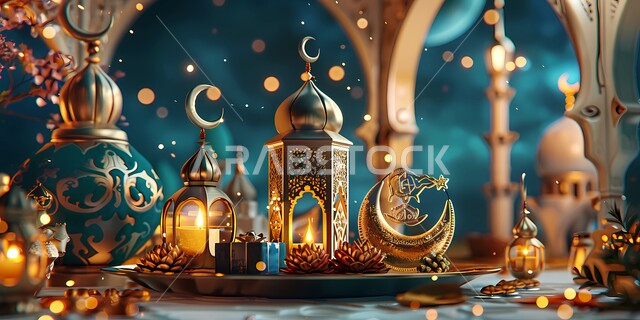مجسم هلال وفوانيس عربية تقليدية معدنية، إضاءة وزينة رمضان المبارك، تحف متميزة ثلاثية الأبعاد، الإحتفال بقدوم شهر الخير، ديكورات وأنوار للاحتفال بالأجواء الروحانية، المناسبات والأعياد الدينية الإسلامية