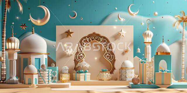 إضاءة وزينة رمضان المبارك، تحف متميزة ثلاثية الأبعاد، الإحتفال بقدوم شهر الخير، ديكورات وأنوار للاحتفال بالأجواء الروحانية، المناسبات والأعياد الدينية الإسلامية، مجسم هلال وفوانيس عربية تقليدية معدنية