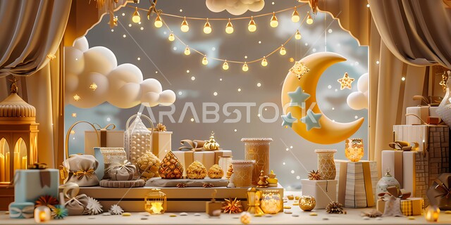 Celebrating the arrival of the holy month, decorations and lights to celebrate the spiritual atmosphere, Islamic religious occasions and holidays, a crescent moon model and traditional metal Arabic lanterns, Ramadan lighting and decorations, distinctive three-dimensional artifacts