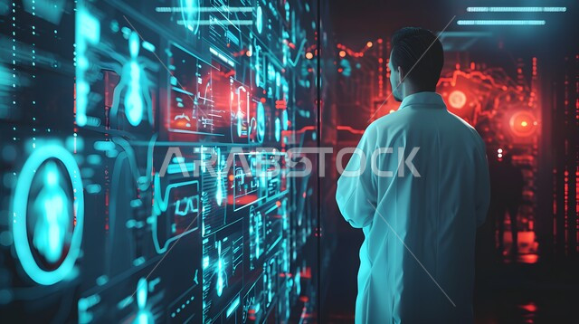 طبيب عربي خليجي سعودي يرتدي المعطف الأبيض ، استخدام التقنية والتكنولوجيا في البحث الصحي, التطور والتقدم في المجال الطبي المستقبلي في المملكة العربية السعودية,    غرفة طبية مجهزة بالأدوات والشاشات الرقمية للتشخيص والعلاج الطبي، تشخيص وشرح الحالات المرضية ،  شاشة مضيئة توضح هيكل جسم الانسان