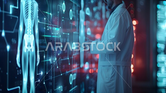 التطور والتقدم في المجال الطبي المستقبلي في المملكة العربية السعودية, طبيب عربي خليجي سعودي يرتدي المعطف الأبيض ،  غرفة طبية مجهزة بالأدوات والشاشات الرقمية للتشخيص والعلاج الطبي، تشخيص وشرح الحالات المرضية ،  شاشة مضيئة توضح هيكل جسم الانسان ،استخدام التقنية والتكنولوجيا في البحث الصحي