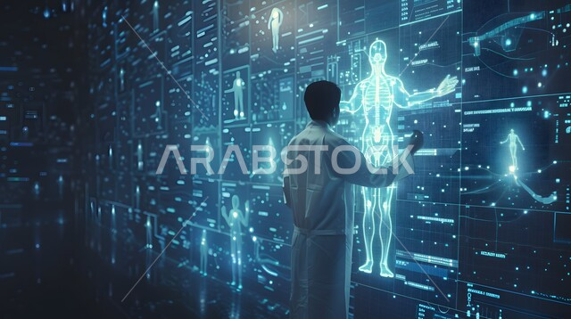 The use of technology and technology in health research, development and progress in the future medical field in the Kingdom of Saudi Arabia, a Saudi Arabian Gulf doctor wearing a white coat standing and pointing in his hand at an illuminated screen that displays the structure of the human body, a medical room equipped with digital tools and screens for diagnosis and medical treatment, diagnosing and explaining cases Pathogenesis