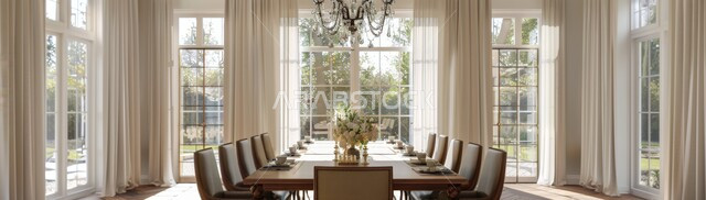 الفنون الهندسية في تصميم طاولة الطعام ضخمة، استخدام الطراز الفني الانيق في الاثاث المنزلي، غرفة سفرة بتصاميم راقية، ديكورات منزلية داخلية حديثة لغرف الطعام، شقق وفلل سكنية في المملكة العربية السعودية، واجهات زجاجية كبيرة