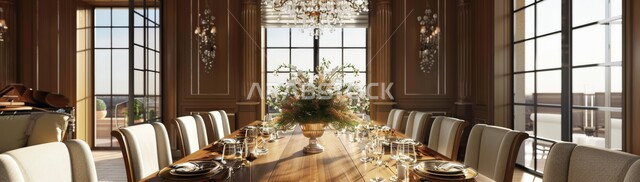 استخدام الطراز الفني الانيق في الاثاث المنزلي، الفنون الهندسية في تصميم طاولة الطعام ضخمة، غرفة سفرة بتصاميم راقية، ديكورات منزلية داخلية حديثة لغرف الطعام، شقق وفلل سكنية في المملكة العربية السعودية، واجهات زجاجية كبيرة