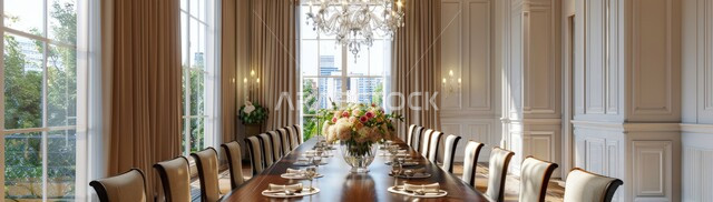 ديكورات منزلية داخلية حديثة لغرف الطعام، غرفة سفرة بتصاميم راقية، استخدام الطراز الفني الانيق في الاثاث المنزلي، الفنون الهندسية في تصميم طاولة الطعام ضخمة، شقق وفلل سكنية في المملكة العربية السعودية، واجهات زجاجية كبيرة