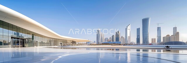 The concept of developing and improving infrastructure, a futuristic imaginary view of urban progress and growth, modern architectural arts and designs of skyscrapers in the Kingdom, a panoramic image of towers, buildings and commercial facilities, Saudi Vision 2030