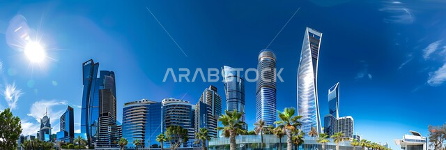 The concept of developing and improving infrastructure, a futuristic imaginary view of urban progress and growth, modern architectural arts and designs of skyscrapers in the Kingdom, a panoramic image of towers, buildings and commercial facilities, Saudi Vision 2030