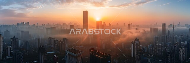  مفهوم تطوير وتحسين البنية التحتية، منظر تخيلي مستقبلي للتقدم و النمو العمراني، الفنون و التصاميم الهندسية المعمارية الحديثة لناطحات السحاب في المملكة، صورة بانورامية للأبراج والمباني والمنشآت التجارية، رؤية مستقبلية سعودية 2030