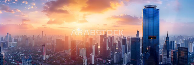  رؤية مستقبلية سعودية 2030، مفهوم تطوير وتحسين البنية التحتية، منظر تخيلي مستقبلي للتقدم و النمو العمراني، الفنون و التصاميم الهندسية المعمارية الحديثة لناطحات السحاب في المملكة، صورة بانورامية للأبراج والمباني والمنشآت التجارية