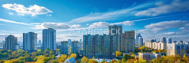 Saudi Vision 2030, concept of infrastructure development and improvement, imaginary future view of urban progress and growth, modern architectural arts and designs of skyscrapers in the Kingdom, panoramic image of towers, buildings and commercial facilities
