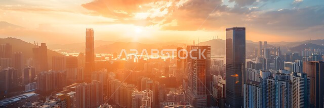 منظر تخيلي مستقبلي للتقدم و النمو العمراني, الفنون و التصاميم الهندسية المعمارية الحديثة لناطحات السحاب في المملكة، صورة بانورامية للأبراج والمباني والمنشآت التجارية، رؤية مستقبلية سعودية 2030، مفهوم تطوير وتحسين البنية التحتية