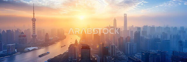 منظر تخيلي مستقبلي للتقدم و النمو العمراني, الفنون و التصاميم الهندسية المعمارية الحديثة لناطحات السحاب في المملكة، صورة بانورامية للأبراج والمباني والمنشآت التجارية، رؤية مستقبلية سعودية 2030، مفهوم تطوير وتحسين البنية التحتية