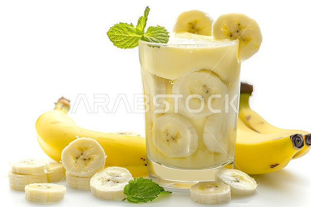 مشروبات فواكه موسمية منعشة، محاصيل زراعية وثمار وطنية محلية سعودية، كأس من عصير فاكهة الموز اللذيذة، مشاريب صحية ومفيدة ومغذية، كوكتيلات وعصائر طبيعية باردة شهية، خلفية بيضاء