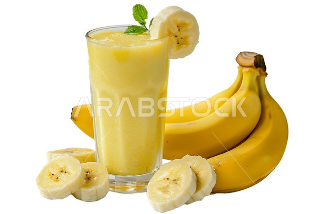 Refreshing seasonal fruit drinks, Saudi local agricultural crops and fruits, a glass of delicious banana fruit juice, healthy, useful and nutritious drinks, delicious cold natural cocktails and juices, white background
